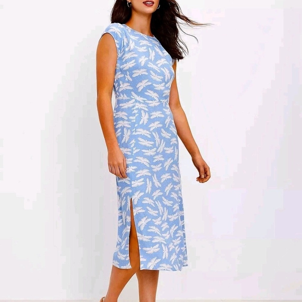 LOFT Light Blue Dragonfly Print Midi Dress Cap Sleeve Side Slit Size 10
